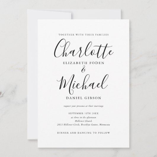 Alles in einem einfachen Schwarz-Weiß-Skript-Hochz Einladung (Vorderseite)