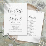 Alles in einem einfachen Schwarz-Weiß-Skript-Hochz Einladung<br><div class="desc">Diese elegante Schwarz-Weiß-Hochzeitseinladung mit ihren charakteristischen Stilnamen kann mit all Ihren besonderen Informationen zum Hochzeitstag auf der Rückseite personalisiert werden,  inklusive UAWG,  Unterkunft und weiteren Details. Entwickelt von Thisisnotme©</div>