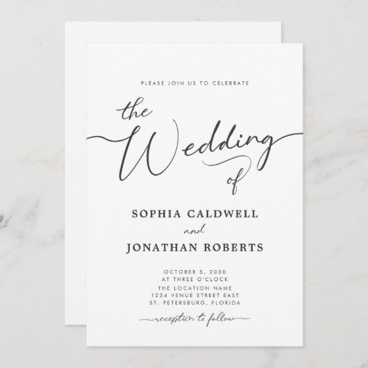 Alles in einem Karkohle-Grau-Kalligraphie-Hochzeit Einladung (Vorne/Hinten)