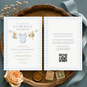 Alles in Einem Kleinen Cowboy Gingham Blau Baby Sh Einladung