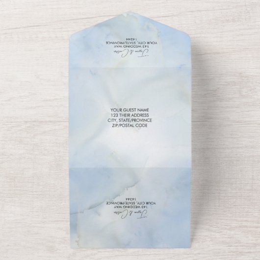 Alles in einem minimalen Blau-Weiß-Hochzeitsempfan All In One Einladung (Außenbereich)