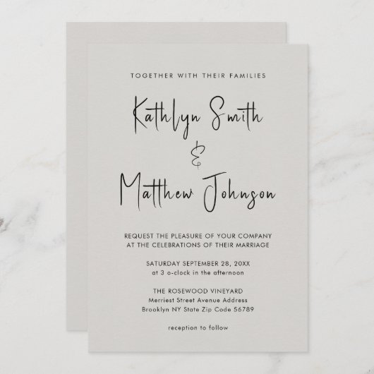 Alles in einem modernen Script Graue Minimalistisc Einladung (Vorne/Hinten)