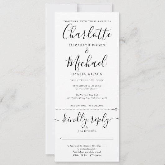 Alles in einem Schwarz-Weiß-Skript-Hochzeit Einladung (Vorderseite)