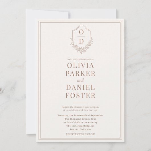 Alles in einem Wappen Mocha Brown QR Code Wedding Einladung (Vorderseite)