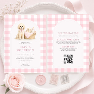 Alles in Einem Welpen-Hund Kariert Rosa Babyparty Einladung