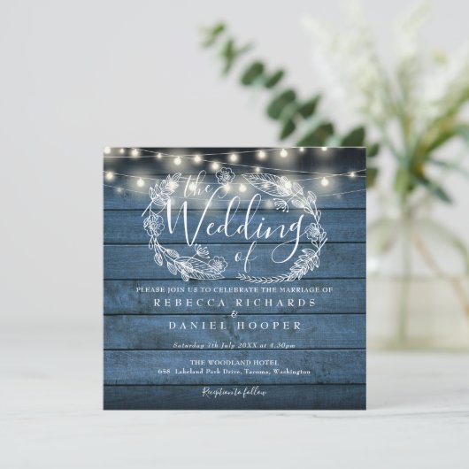 Alles in einer blauen rustikalen String Light Squa Einladung (Stehend Vorderseite)