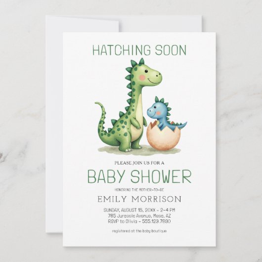 Alles in einer Dinosaurier-Hatching Bald Baby Dusc Einladung (Vorderseite)