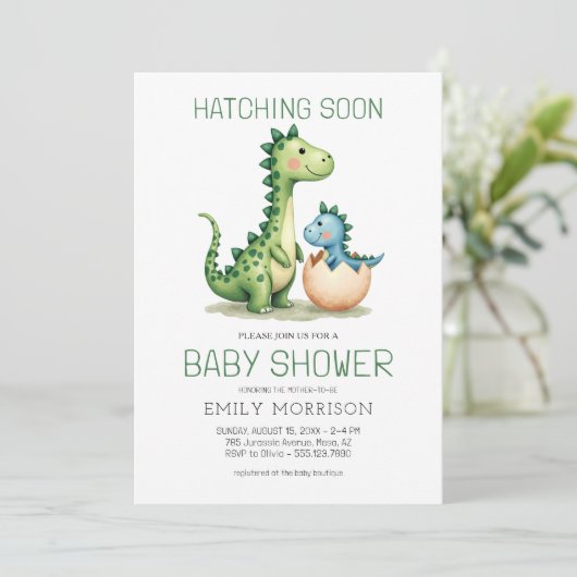 Alles in einer Dinosaurier-Hatching Bald Baby Dusc Einladung (Stehend Vorderseite)