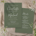 Alles in einer einfachen, eleganten Script-Olive-H Einladung<br><div class="desc">Diese elegante,  olivengrüne Hochzeitseinladung mit ihren charakteristischen Stilnamen kann mit all den besonderen Details des Hochzeitstages auf der Rückseite personalisiert werden,  inklusive UAWG,  Unterkunft und weiteren Details. Entwickelt von Thisisnotme©</div>