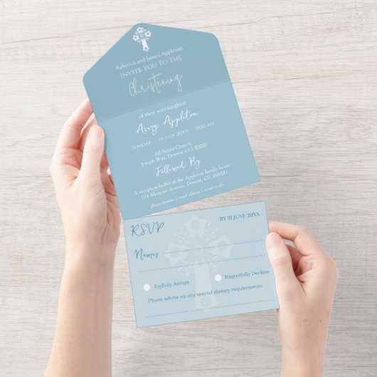 Alles in einer Einladung Bläserkreuz Taufe blau (Abreißtisch)