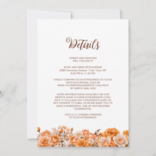 Alles in einer eleganten Orangefarbenen Hochzeit Einladung (Rückseite)