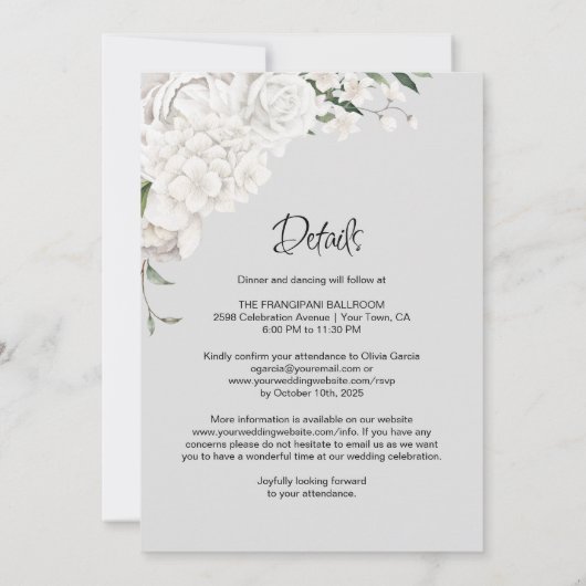 Alles in einer eleganten, weißen, blumengrauen Hoc Einladung (Rückseite)