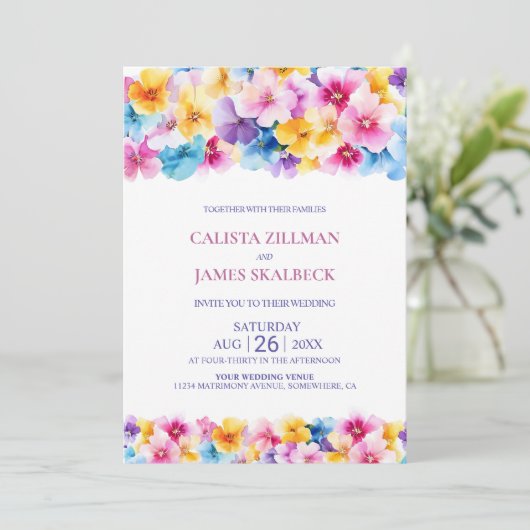 Alles in einer farbenfrohen blumigen Hochzeit Einladung (Stehend Vorderseite)