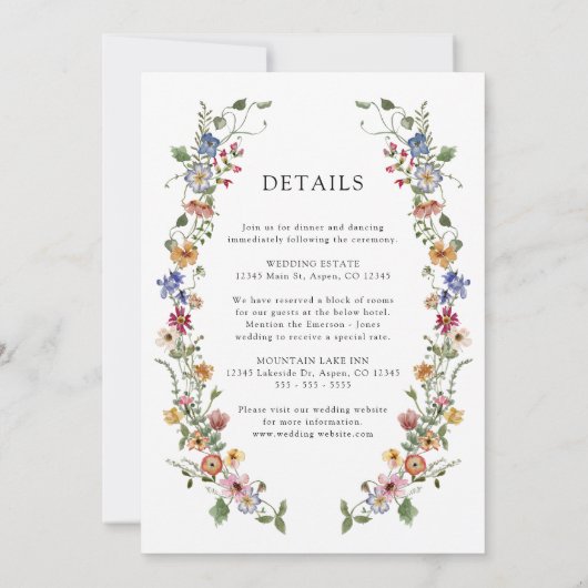 Alles in einer farbenfrohen Wildblume Hochzeit Einladung (Rückseite)