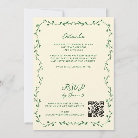 Alles in einer grünen Hand gezeichnete QR-Code Hoc Einladung (Rückseite)