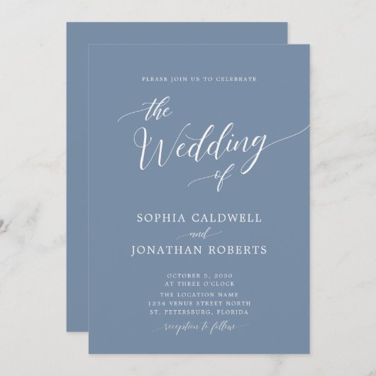 Alles in einer Kalligrafie Trendy Dusty Blue Weddi Einladung (Vorne/Hinten)