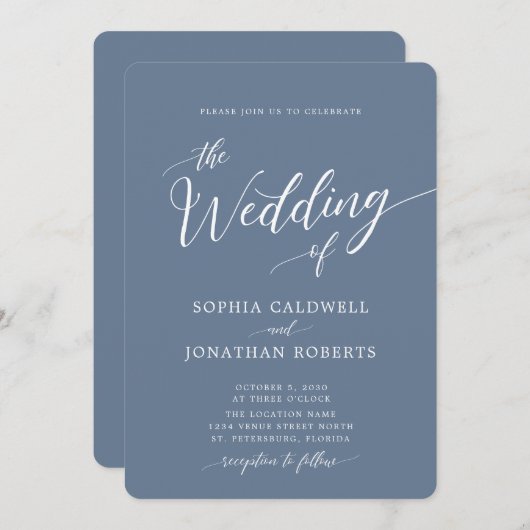 Alles in einer Kalligrafie Trendy Dusty Blue Weddi Einladung (Vorne/Hinten)