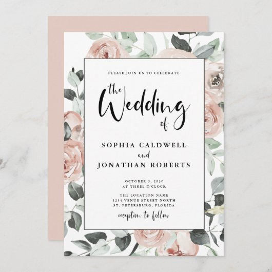 Alles in einer kalligrafischen Dusty Pink Roses We Einladung (Vorne/Hinten)