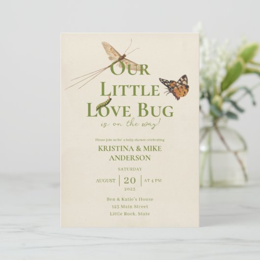 Alles in einer kleinen Liebe Bug Baby Dusche Einla Einladung (Stehend Vorderseite)