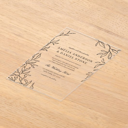 Alles in einer Schwarz-Minimal-Leaf-Hochzeit Acryleinladungen (Ablage )