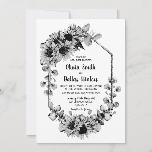 Alles in einer Schwarz-Weiß-Sonnenblumenhochzeit Einladung (Vorderseite)