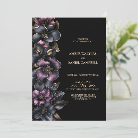 Alles in einer stilvollen, rosa, grauen, floralen  einladung (Stehend Vorderseite)