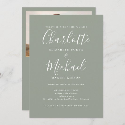 Alles in einer Stufe Grün-Chic-Script-Foto Hochzei Einladung (Vorne/Hinten)