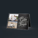 Alles ist ruhig, hell Halbpension Weihnachten 2 Fo<br><div class="desc">Fügen Sie dieser eleganten bedruckten Grußkarte zwei Fotos hinzu. Alles ist ruhig,  alles ist hell. Dunkle Holzkohle graue Kalkboard schwarze Bretter Hintergrund mit Kreide-Look extravagante Schrift geschrieben mit Worten aus dem berühmten Weihnachtskarol,  Silent Night. Ein hübsches und fühlendes Element,  das an die Schönheit und den Glanz der Saison erinnert!</div>