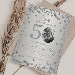 Alles Silber SURPRISE Foto 50. Geburtstag Glam  Einladung