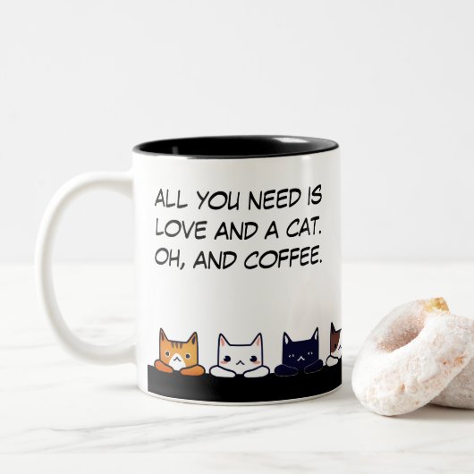 "Alles, was du brauchst, ist Liebe und Katze..." l Zweifarbige Tasse (Mit Donut)