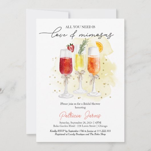 Alles was Sie brauchen ist Liebe & Mimosas Brautpa Einladung (Vorderseite)