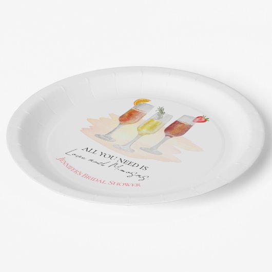 Alles was Sie brauchen ist Liebe und Mimosas Braut Pappteller (Schrägansicht)