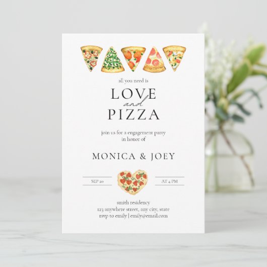 Alles was Sie brauchen ist Liebe und Pizza Engagem Einladung (Stehend Vorderseite)