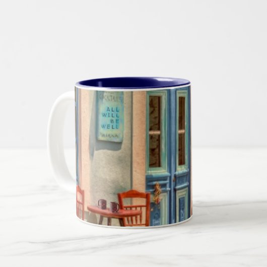 "Alles wird gut" vor dem Griechischen Café Zweifarbige Tasse (Vorderseite Links)