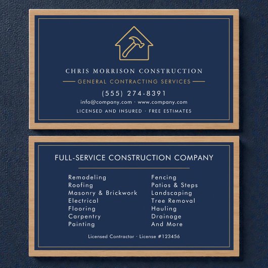 Allgemeiner Bauunternehmer Navy Blue Holz Visitenkarte