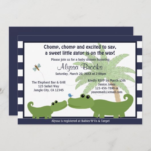 Alligator Blue Strip Babydusche Einladung AMP (Vorne/Hinten)