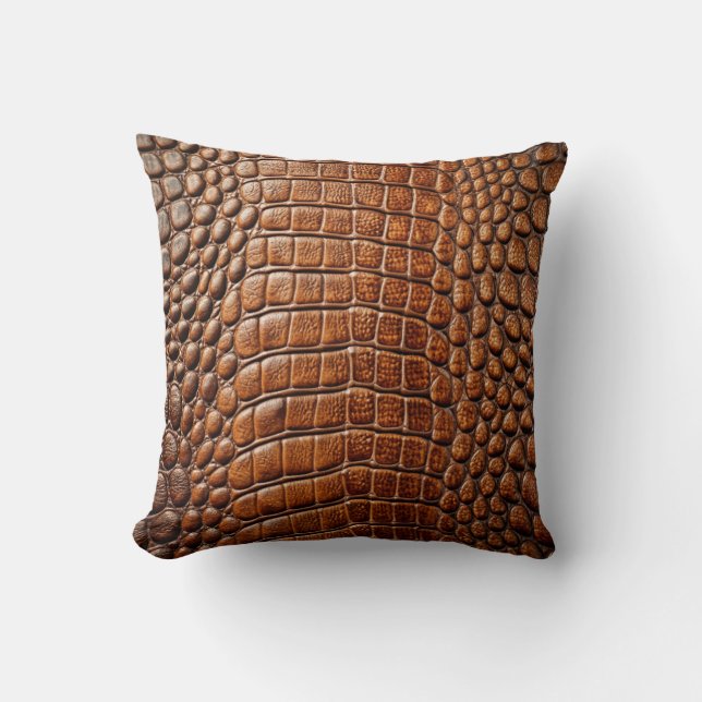 Alligator Crocodile Skin Imitate Shiny Brown Leath Kissen (Vorderseite)