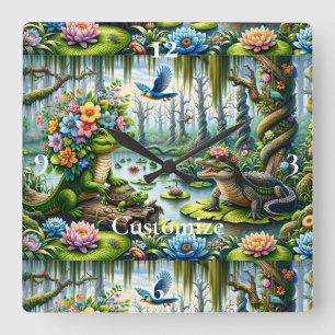 Alligator Fantasy Sumamp Thunder_Cove Quadratische Wanduhr