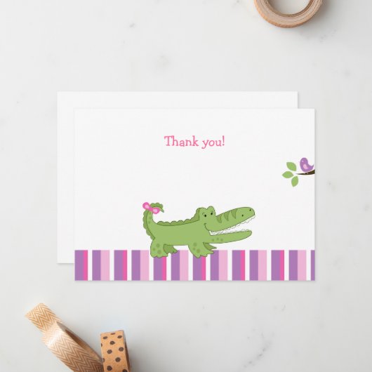 Alligator Flat Vielen Dank - Rosa/Grün Mitteilungskarte (Vorderseite/Rückseite Beispiel)