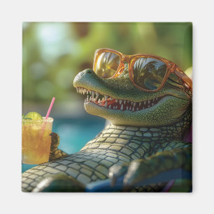Alligator genießt ein poolside Cocktail Magnet