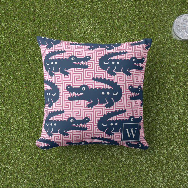  Alligator Greek Key- Hot Pink & Navy Monogram Kissen (Golfball-Marker)