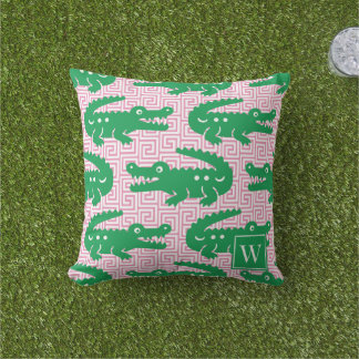  Alligator Greek Key- Pink & Green Monogram Kissen