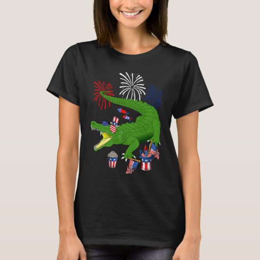 Alligator Holding American Flag Sunglasses Happy 4 T-Shirt (Vorderseite)