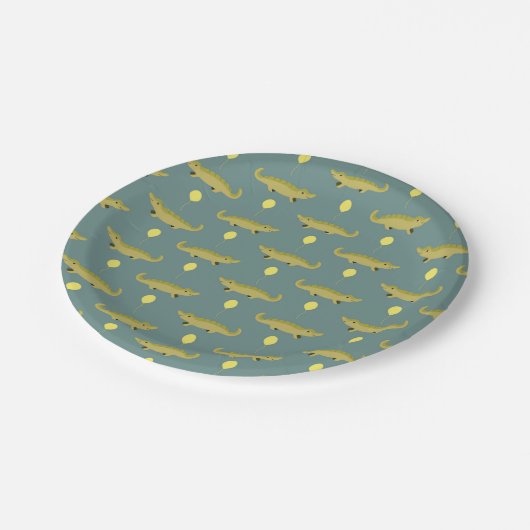 Alligator mit grauem Ballon Pappteller (Schrägansicht)