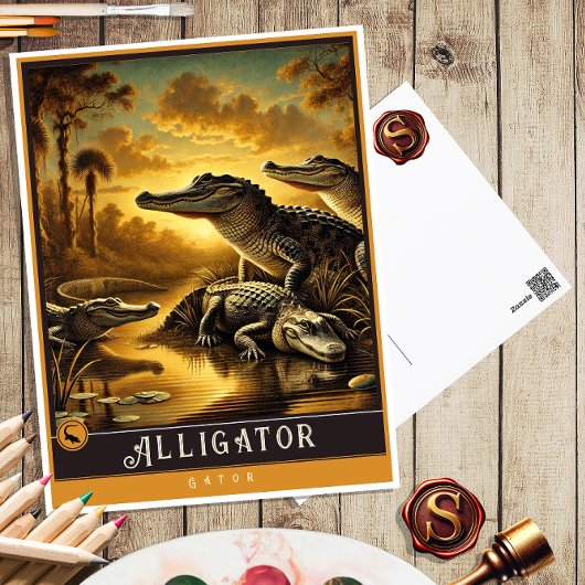 Alligator | Niedliche Vintage Tierpostkarte Postkarte