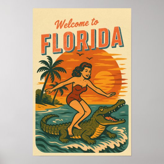 Alligator Surfing Beach Pin-up | Retro Coastal Art Poster (Vorne)