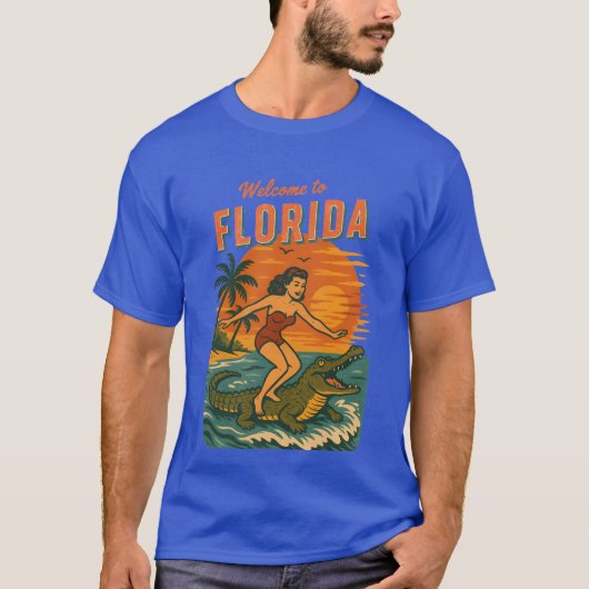 Alligator Surfing Beach Pin-up Retro Coastal Life T-Shirt (Vorderseite)