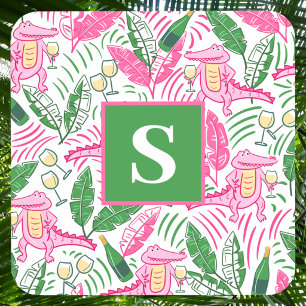 Alligator Wine Pink Green Monogram Preppy Getränkeuntersetzer