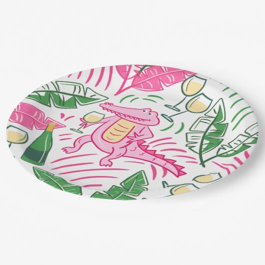 Alligator Wine Pink Green Preppy Pappteller (Schrägansicht)