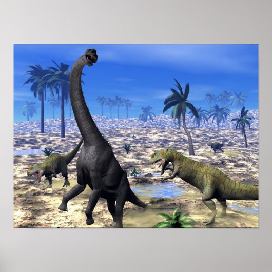 Allosaurus attackiert Brachiosaurus-Dinosaurier Poster (Vorne)